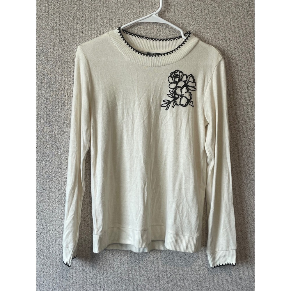 Bobeau‎ Cream Floral Applique Long Sleeve Sweater Top Women's Size M